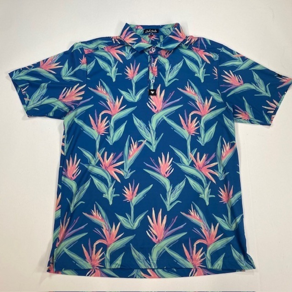 Bad Birdie Tropical Floral Bird of Paradise Golf Polo Shirt Mens Size‎ L Blue